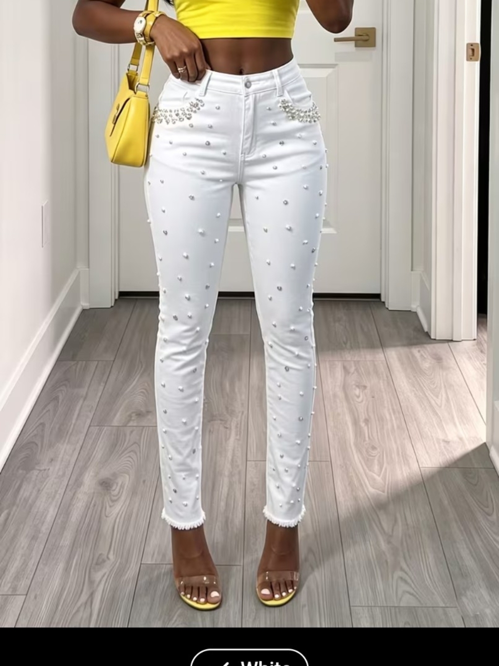Pearl-Studded White High-Rise Skinny Jeans - Women